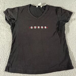 Guess Jeans Short Sleeve T-Shirt Black Women's Large Tee Womens V-Neck Top Fit